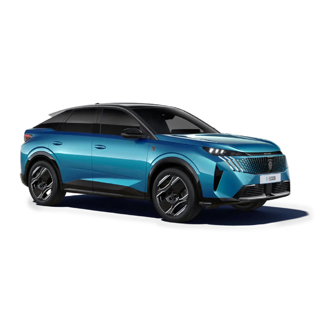 Nuova Peugeot E-3008 vista anteriore, SUV fastback 100% elettrico dal design innovativo, elegante e sportivo disponibile presso Auto Zatti.